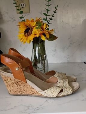 St. John’s Bay Tan Cork Wedge Sandals with Beaded Cream Upper